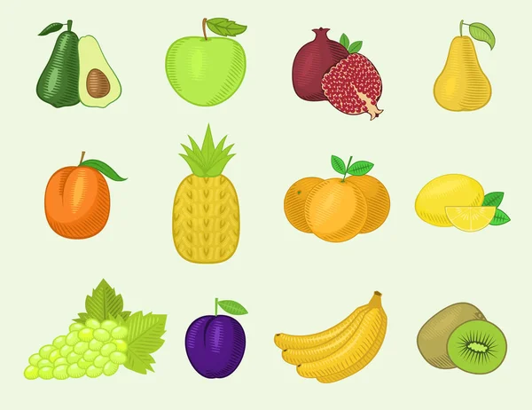 Fruit groenten vector gezonde voeding fruitige appel banaan en vegetably wortel voor vegetariërs eten van biologisch voedsel uit supermarkt illustratie begroeide instellen dieet geïsoleerd op witte achtergrond — Stockvector