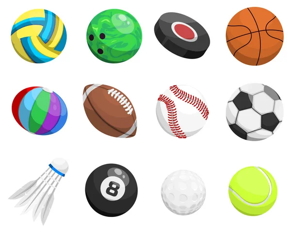 Sport ballen vector geïsoleerd op een witte achtergrond xollection toernooi win ronde mand voetbal apparatuur. Recreatie lederen groep traditionele verschillende sportballs Wasser, flyhook — Stockvector