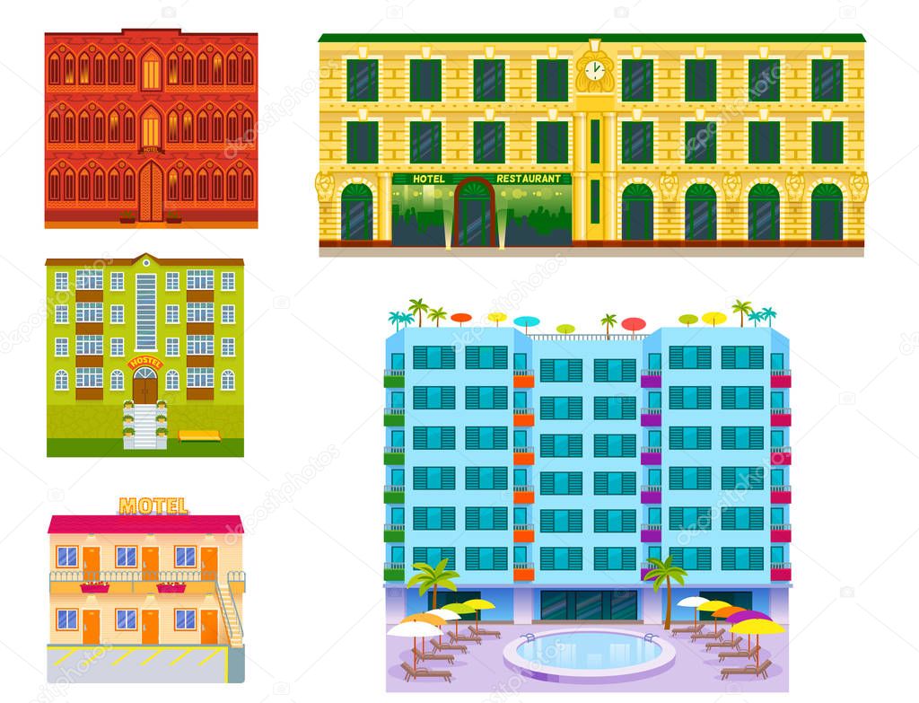 Hotels buildings tourist travelers places vacation time apartment urban town facade vector illustration.