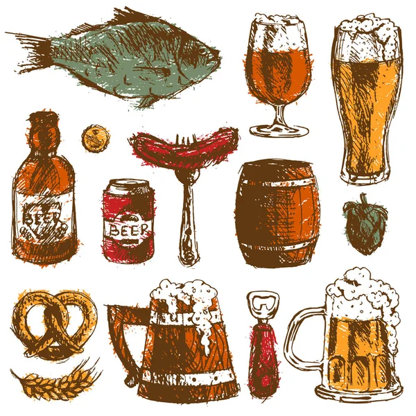 Cerveza comida dibujado a mano bosquejo vector conjunto taza botella trigo lúpulo elementos y mano dibujo gráfico objetos utilizados para publicidad festival cerveza bebida cervecería bar ilustración — Vector de stock