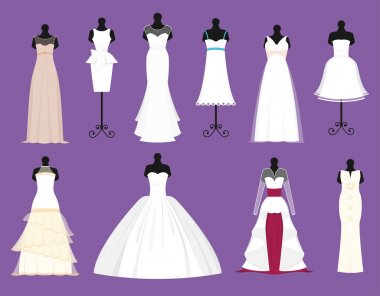Gelin beyaz elbiseler vektör Düğün Gelin gelinlik beyaz Giyim Aksesuarları gelin duş kutlama ve evlilik şık moda izole resimde arka plan üzerinde giyinme ayarla