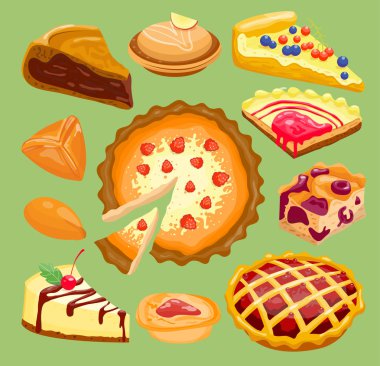 Kek pasta dilim taze lezzetli berry tatlı tatlı pasta pasta üzerinde arka izole karikatür. Gurme ev yapımı lezzetli krem geleneksel ekmek kek ve kurabiye dilimleri tart