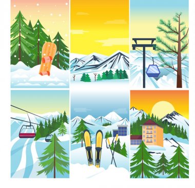 Kış manzara vektör kar ve ev ve ağaç ağacı. Dağ snowboard duvar kağıdı vintage güzel doğa donmuş. Xmas sezon Aralık kartı arka plan. Kar tanesi Alp disiplini