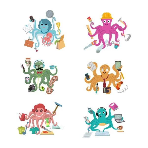 Octopus in business vector illustration octopi character of businessman constructor or housewife doing multiple tasks set of multitasking octopuses isolated on white background — Stock Vector