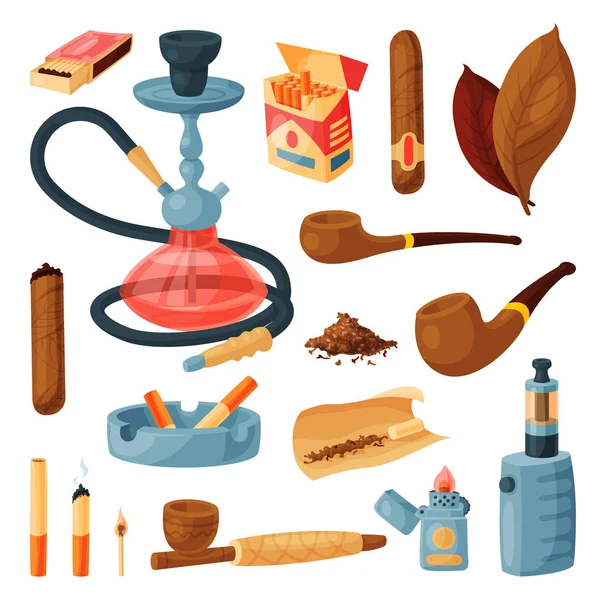 Cigarrillo vector fumar tabaco o cigarro con nicotina y colilla en cenicero ilustración conjunto de estuche de cigarros o narguile y hojas de tabaco aislados sobre fondo blanco — Archivo Imágenes Vectoriales