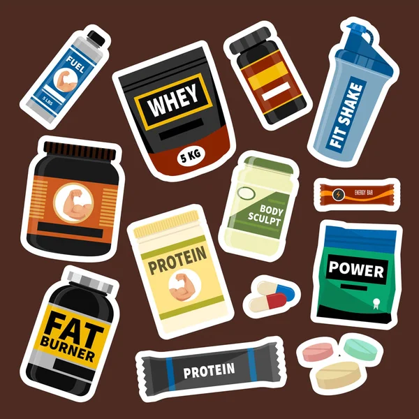 Culturistas gimnasio atleta deporte comida dieta símbolos fitness nutrición proteína polvo bebida vector ilustración . — Vector de stock