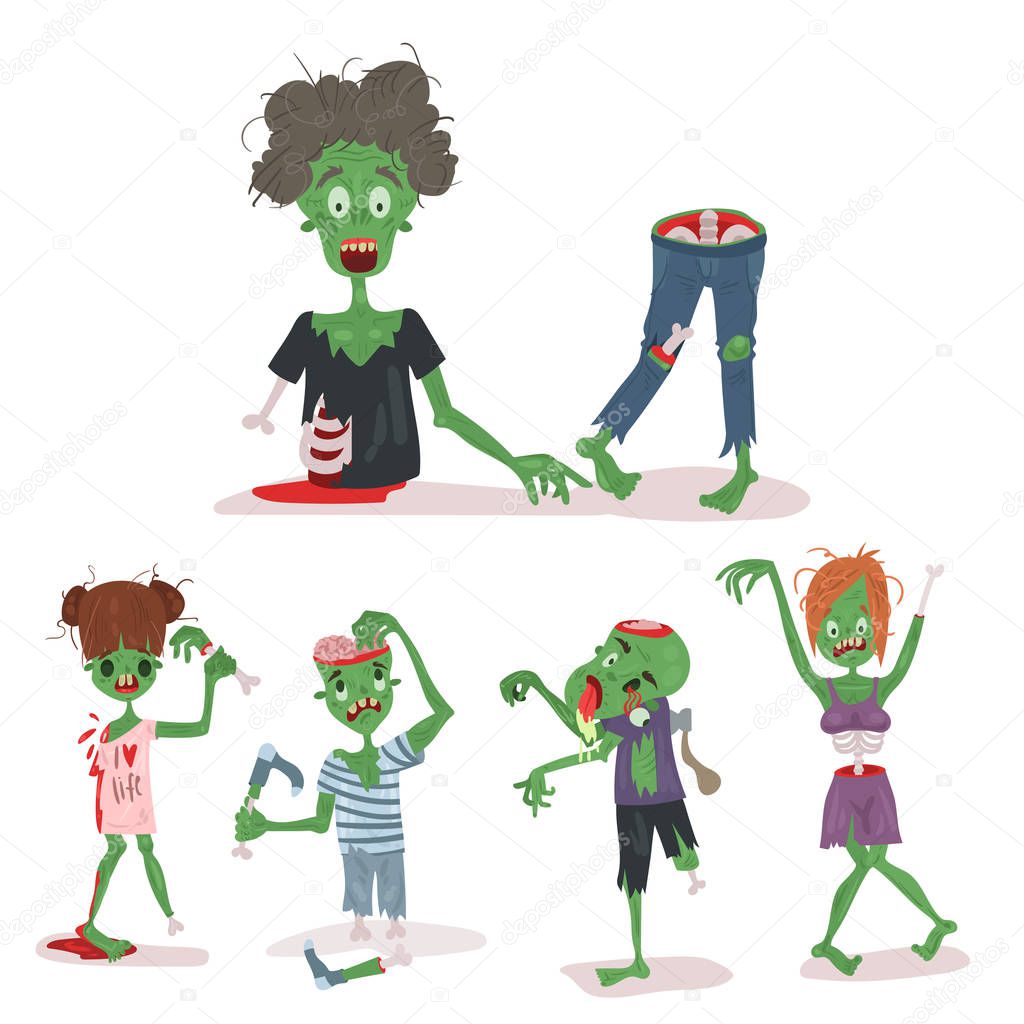 Colorful zombie scary cartoon elements halloween magic people body fun group cute green character part monsters vector illustration.