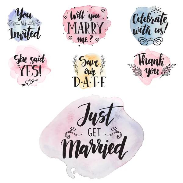 Wedding day marriage proposal phrases text lettering invitation cards calligraphy hand drawn greeting love label romantic vector illustration. — Stock Vector