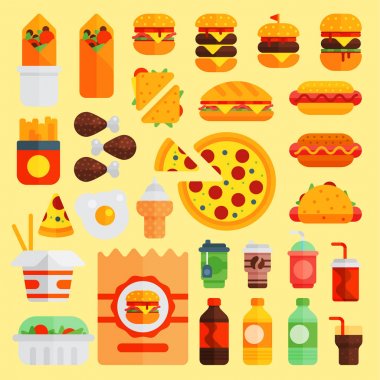 Karikatür lokanta vektör mutfağı hamburger ve pizza, simgeleri arka plan Restoran leziz Amerikan çizburgeri et ve sağlıksız fast food burger yemek illüstrasyon izole içecekler