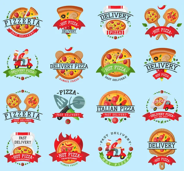 Pizza italiano restaurante vector insignia iconos conjunto ilustración. Alimentos y bebidas elementos de pizzería diseño tipográfico etiqueta o pegatina panadería. Símbolo de menú de cocina con pizza tradicional Ingredientes — Archivo Imágenes Vectoriales