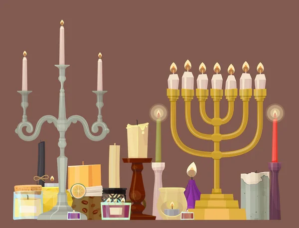 Celebración brillante religión velas cumpleaños decoración tradicional romance noche brillante llama quema objeto vector ilustración . — Archivo Imágenes Vectoriales