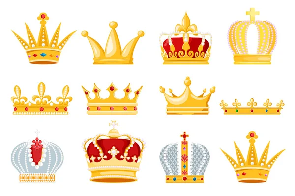 Couronne vecteur or royal bijoux symbole de roi reine et princesse illustration signe d'autorité prince couronne ensemble de jeweles couronne isolé sur fond blanc — Image vectorielle