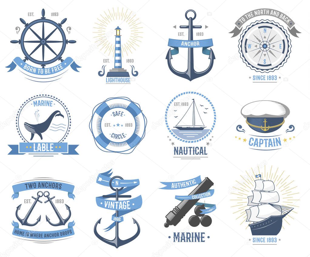 Sea nautical vector old rettro badge set sailing hat, boats, fish themed label icon vintage ship sign anchor rope wheel sea hat ribbons travel element graphic ocean illustration cruise insignia