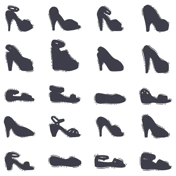 Ensemble de chaussures pour femmes silhouette noire vecteur dessiné à la main style de cuir coloré mocassins talon chaussure illustration . — Image vectorielle