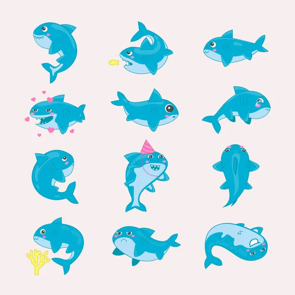 Rekin wektor kreskówka seafish uśmiechnięty z ostre zęby w zestaw ilustracja miłość rybołówstwa znaków wyrażenietypu przyjaciela na szczęśliwy urodziny na białym tle — Wektor stockowy