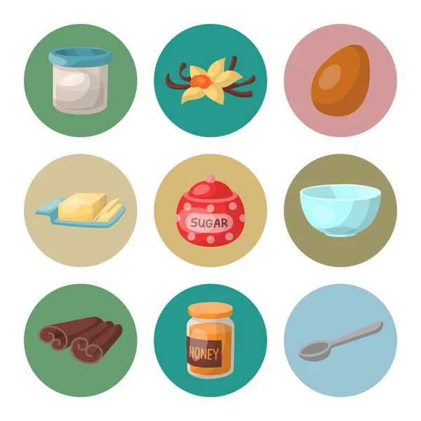 Hornear pastelería preparar cocina ingredientes utensilios de cocina comida casera preparación panadero vector ilustración . — Vector de stock