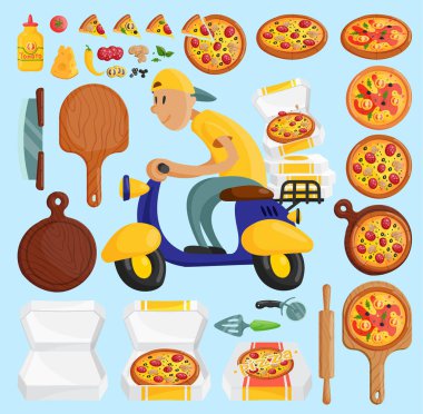 Pizza teslimat çocuk İtalyan pizzacı kurye motosiklet üzerinde çizgi film ve yemek simgesini gıda kutusu hızlı parti yemek scooter kutusu ulaşım çizimde pizzaları