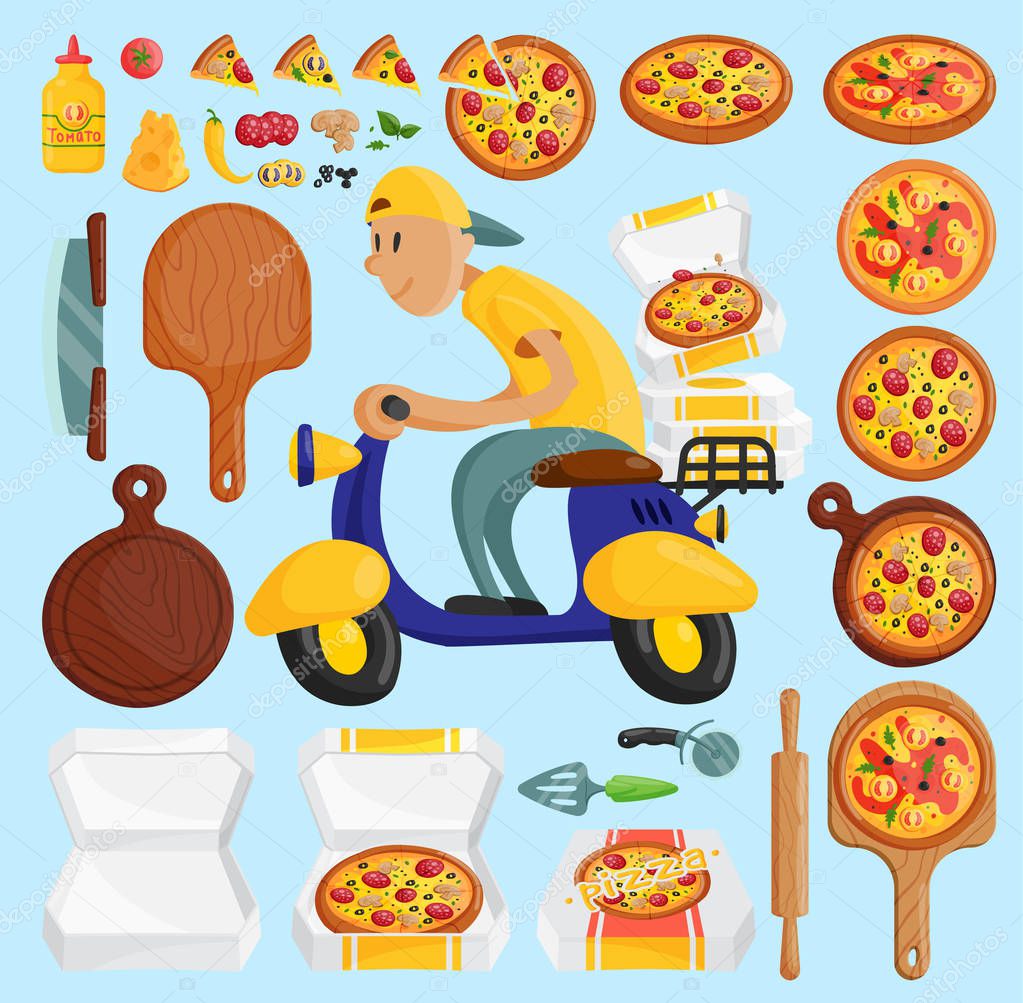 Pizza delivery boy Italian pizzeria cartoon courier on motorbike and deliver dinner icon food box fast party meal scooter pizza in box transportation illustration.