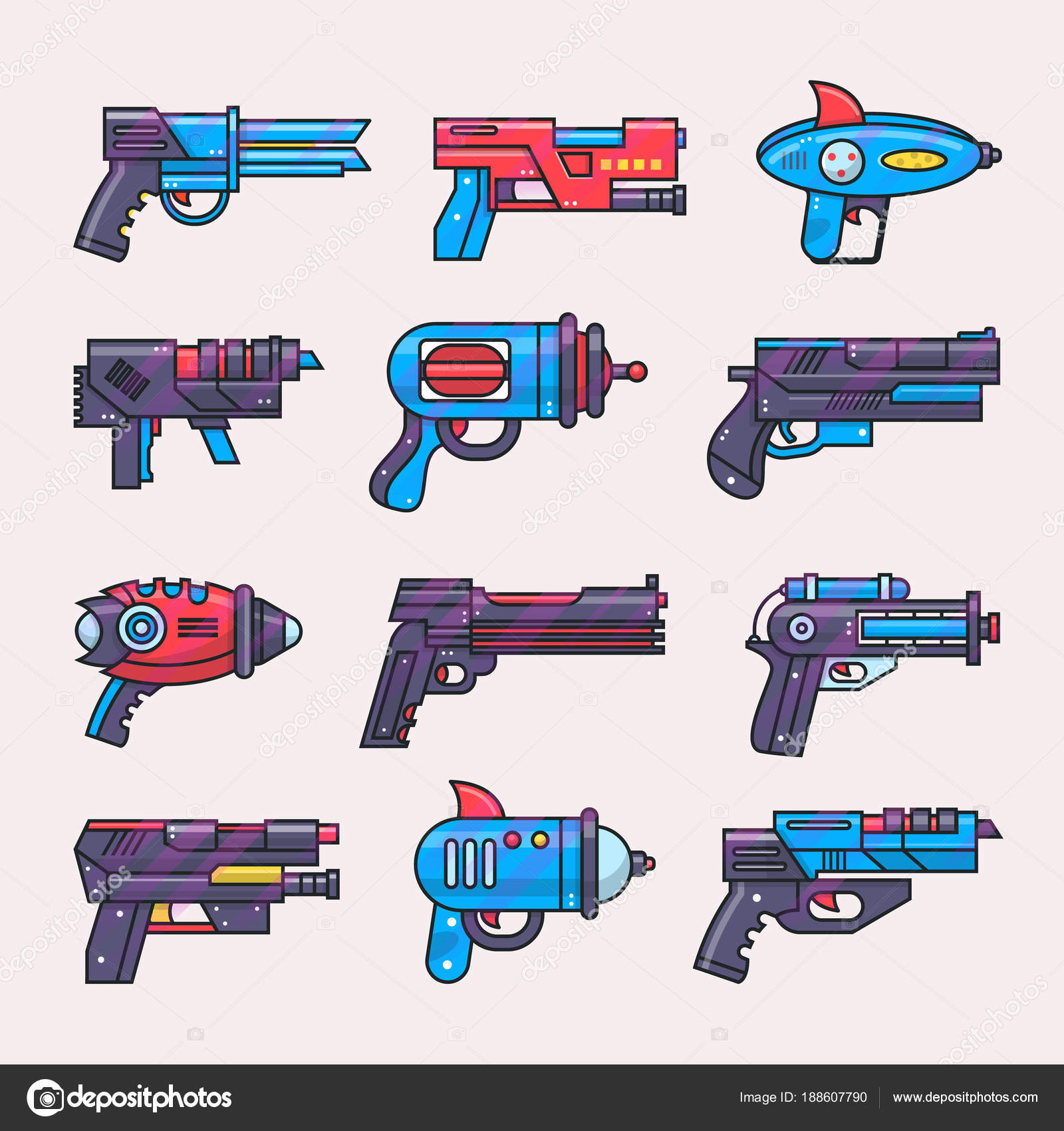 Blaster de brinquedo de arma dos desenhos animados para crianças jogo com  revólver e raygun de alienígenas no conjunto de ilustração do espaço de  pistolas de criança e arma laser, isolada no