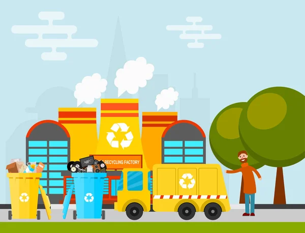 Reciclagem de resíduos vetor processo de lixo caminhão de fábrica trouxe indústria de processamento processado fabricação ilustração de produção . —  Vetores de Stock