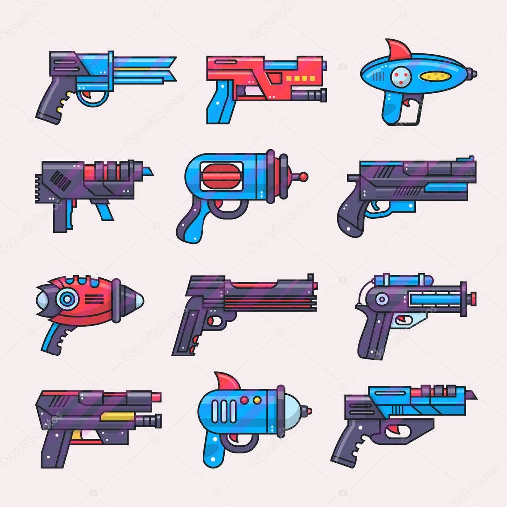 Cartoon gun vector toy blaster for kids game with futuristic handgun and raygun of aliens in space illustration set of child pistols and laser weapon isolated on white background