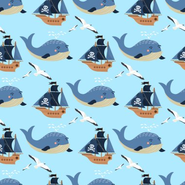Macera teknelerden seyahat Dikişsiz desen arka plan nakliye korsan gemi tekne ve balina minyatür gemi eski vintage yelkenli Hediyelik eşya deniz vektör