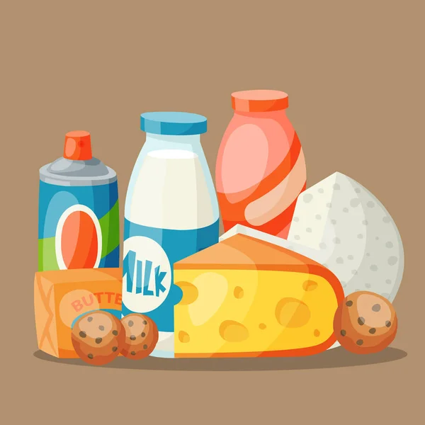 Leche productos lácteos vector plano estilo desayuno gourmet comida orgánica dieta fresca comida bebida lechosa ingrediente nutrición ilustración . — Vector de stock