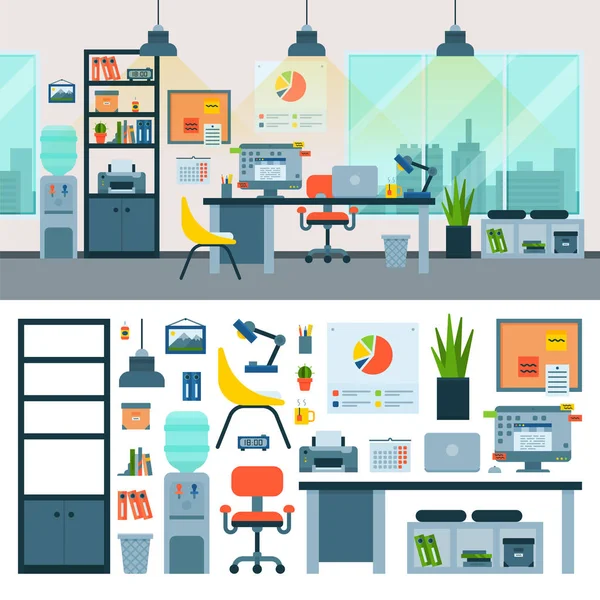 Office vektör iş yerinde bilgisayar ve işçi mobilya tablo veya döşenmiş iş kümesinin içinin ortalamasını kabine illüstrasyon izole arka plan üzerinde ofis mobilyalar sandalyede