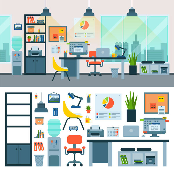 Oficina vector lugar de trabajo con la computadora y los trabajadores muebles mesa o silla en el interior del negocio amueblado del gabinete ilustración conjunto de muebles de oficina aislados en el fondo — Vector de stock