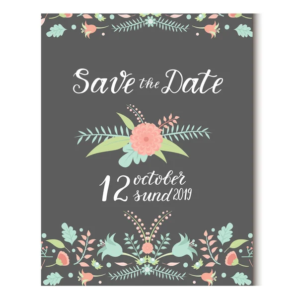 Vetor de cartão de convite de casamento salvar a suíte de data com modelos de flores dia casamento artesanal lettering impressão design ilustração — Vetor de Stock