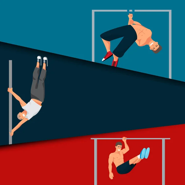 Barra horizontal barbilla-up fuerte atleta hombre tarjetas gimnasio ejercicio calle entrenamiento trucos muscular fitness deporte tirando de carácter vector ilustración . — Archivo Imágenes Vectoriales