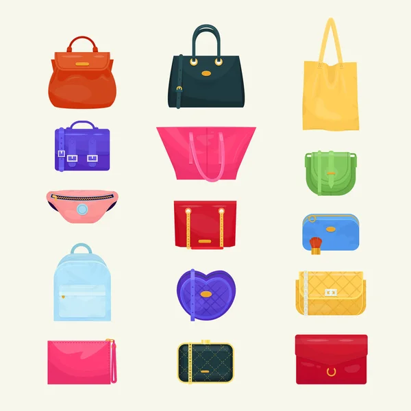 Donna borsa vettore ragazze borsa o borsa e shopping-bag o pacchetto larghi da illustrazione negozio di moda set di acquirenti insaccati pacchetto isolato su sfondo — Vettoriale Stock