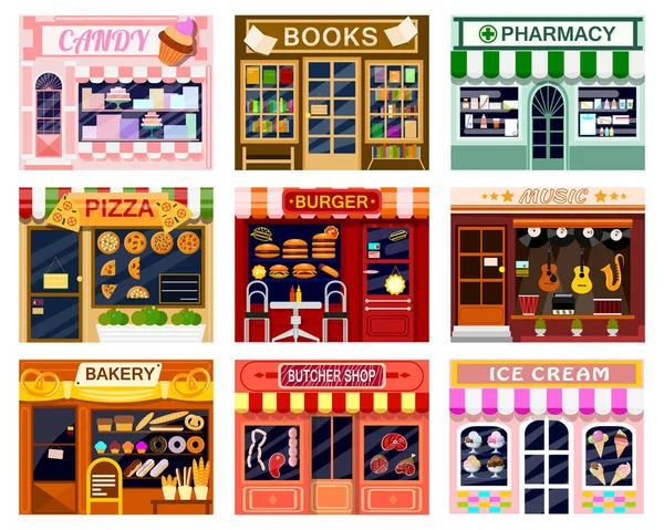 Winkel venster vector showwindow van boekhandel of candyshop en venster-geval van pizzeria illustratie set van slager winkel of bakkerij en hamburger of ijs frontstore showcase geïsoleerd op witte achtergrond — Stockvector