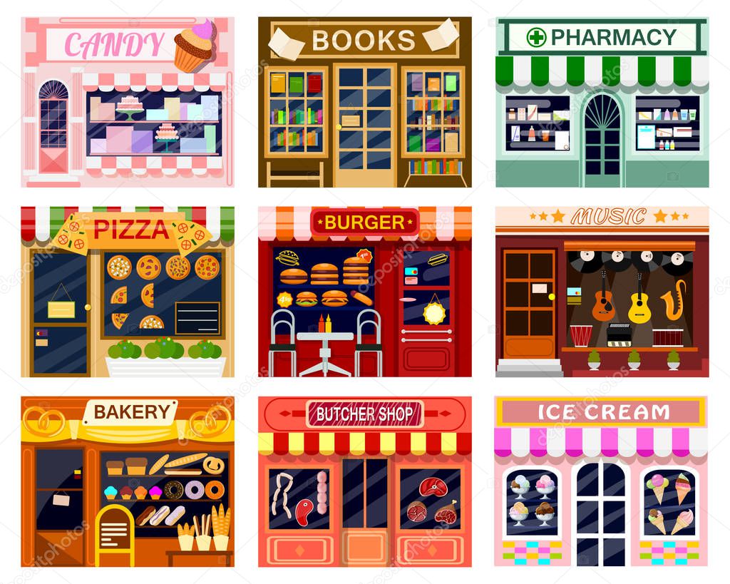 Shop window vector showwindow of book store or candyshop and window-case of pizzeria illustration set of butcher shop or bakery and burger or ice cream frontstore showcase isolated on white background
