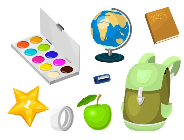 Material escolar papelería equipo educativo mochila aprendizaje accesorios de oficina vector ilustración . — Archivo Imágenes Vectoriales