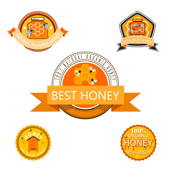 Set bee logo labels for honey products organic farm natural sweet product quality healthy food vector illustration.