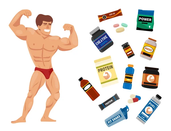 Bodybuilder Fitness-Sportler und Sport-Lebensmittel-Diät-Symbole Fitness-Ernährung Protein-Pulver-Drink-Vektor-Abbildung. — Stockvektor