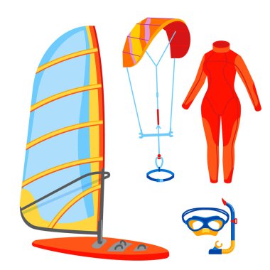 Eğlenceli su aşırı spor kiteboarding sörfçü eğlence deniz etkinliği yaz rekreasyon aşırı vektör çizim yelken.