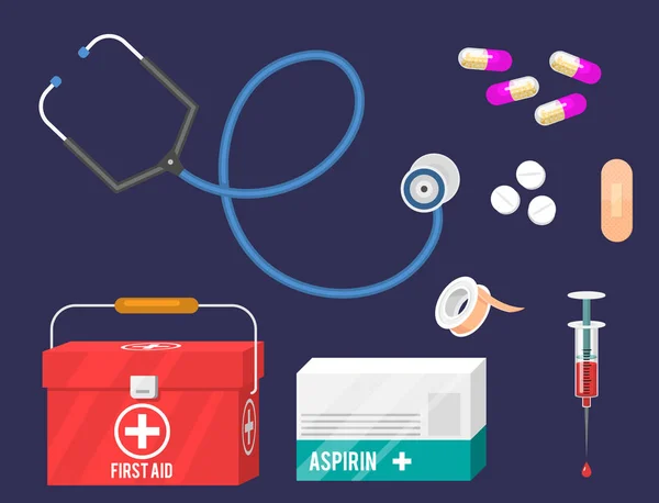 Strumenti medici e strumenti medici medicamento in stile cartone animato farmaco ospedale trattamento sanitario vettoriale illustrazione . — Vettoriale Stock