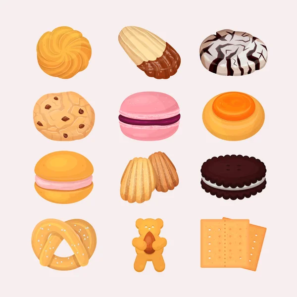 Cookie et biscuits vecteur pâtisserie et cuisson au four pour le petit déjeuner dans la boulangerie illustration bonbons et biscuity cupcakes ensemble isolé sur fond blanc — Image vectorielle