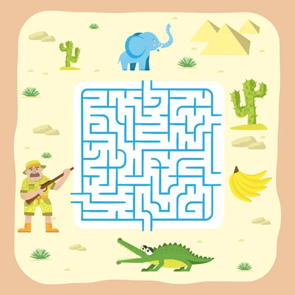 Doolhof spel kinderen hersenen opleiding onderwijs raadsel puzzel met dieren manier verwarde weg printable achtergrond vectorillustratie. — Stockvector