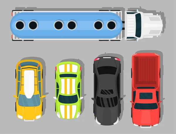 顶视图彩色汽车玩具皮卡汽车运输车轮运输设计自动矢量图. — 图库矢量图片