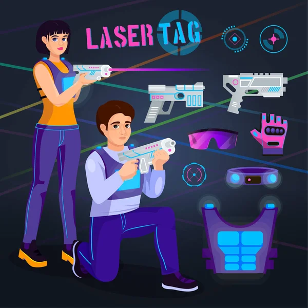 Gamer in laser tag vector player character gaming in lasertag with gun shooting in aim illustration set of people playing in gameplay with laser weapon isolated on background — Stock Vector