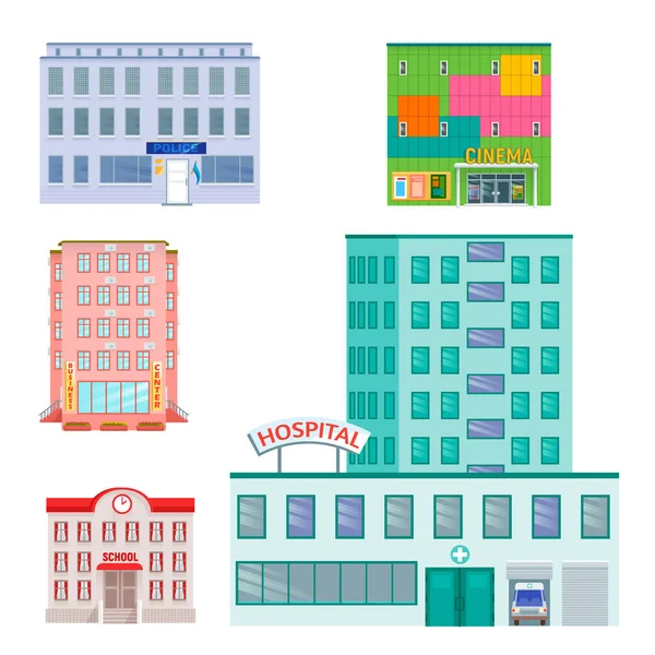 Міські громадські будівлі будинки плоский дизайн офісна архітектура сучасна вулична квартира Векторні ілюстрації . — стоковий вектор