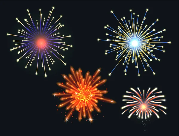 Fogos de artifício vetor ilustração celebração feriado evento noite explosão luz festa festiva —  Vetores de Stock