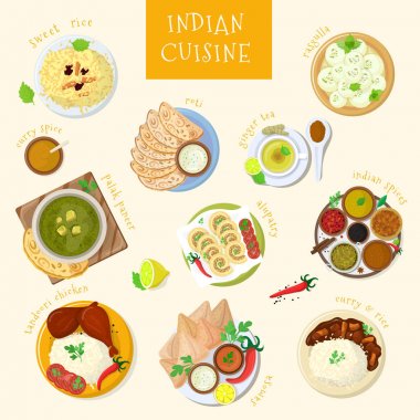 Hint yemekleri vektör Hindistan mutfağı ve Asya yemekleri masala baharatlı pirinç ve Asya yemek naan beyaz arka plan üzerinde izole kase tandoori tavuk illüstrasyon dizi