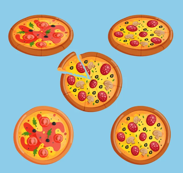 Vector pizza flat mat samling isolerade illustration bit slice. Pizzeria mat menyn produkt på vit bakgrund, pepperoni, margarita italiensk pizza ingredienser — Stock vektor