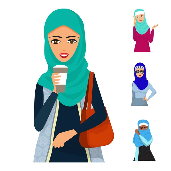 Arabische vrouw volwassen teken Arabische Azië nationaliteit islamitische meisje gezicht in hijab vectorillustratie — Stockvector