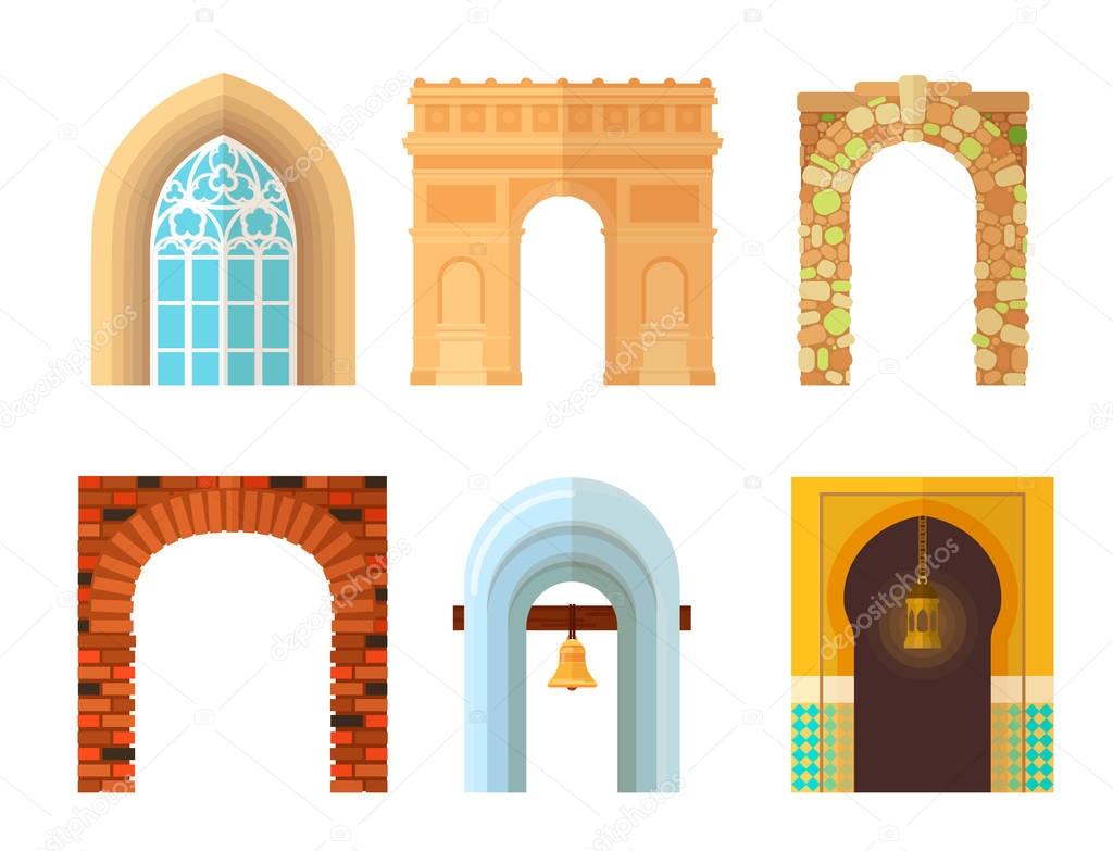 Arch design architecture construction frame classic, column structure gate door facade and gateway building ancient construction vector illustration.