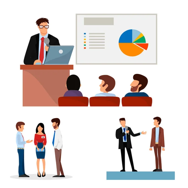Les gens d'affaires groupes vectoriels présentation aux investisseurs conférence travail d'équipe réunion personnages interview illustration . — Image vectorielle